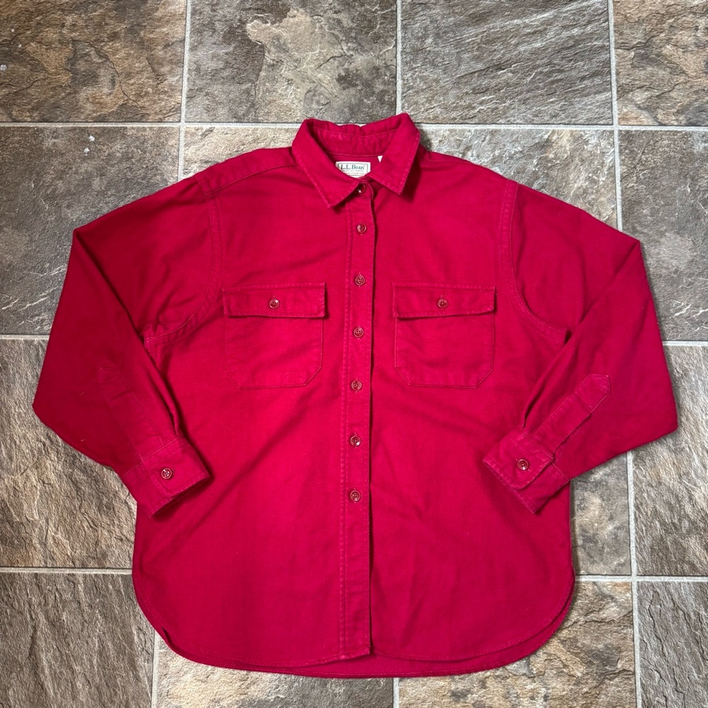 Vintage LL Bean Shirt Womens 14 Red Chamois Cloth Button Front Made USA 90s
